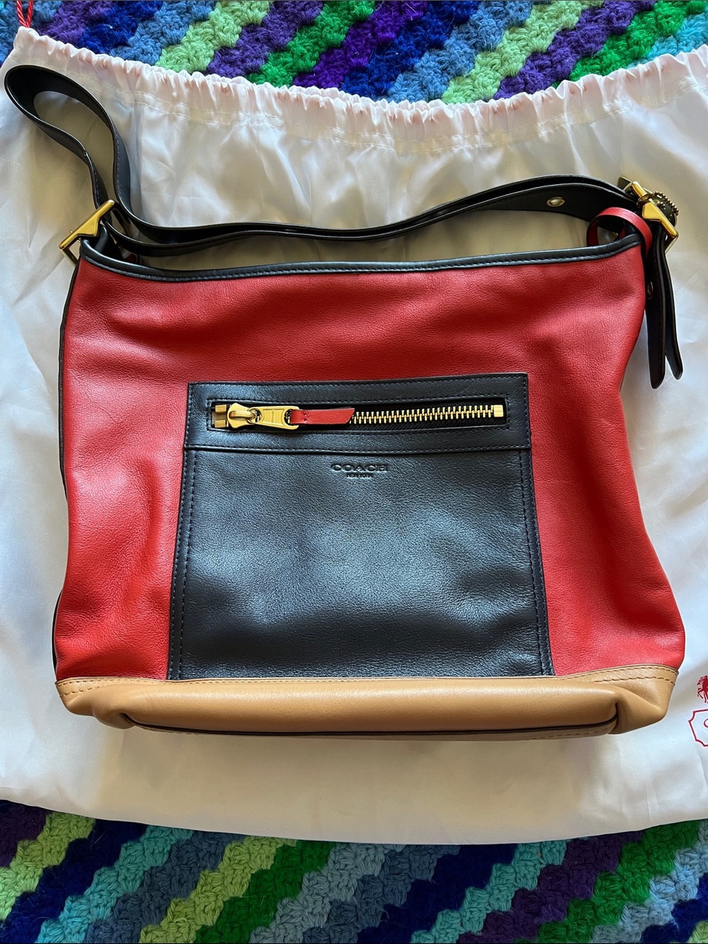 Coach Colorblock Leather Shoulder Bag in Red, Black & Tan